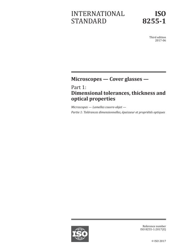 ISO 8255-1:2017 - Microscopes -- Cover glasses