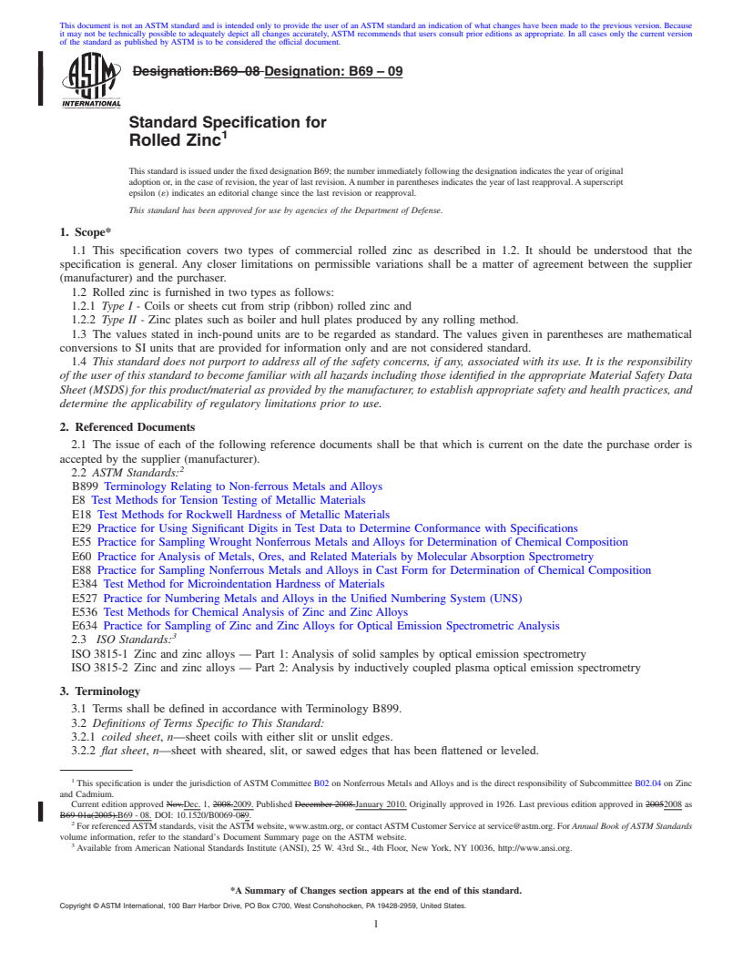 REDLINE ASTM B69-09 - Standard Specification for Rolled Zinc