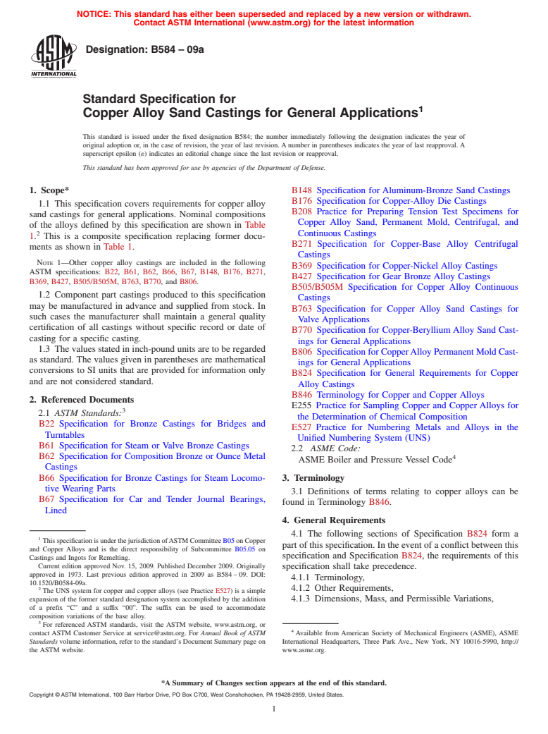 ASTM B584-09a - Standard Specification for  Copper Alloy Sand Castings for General Applications