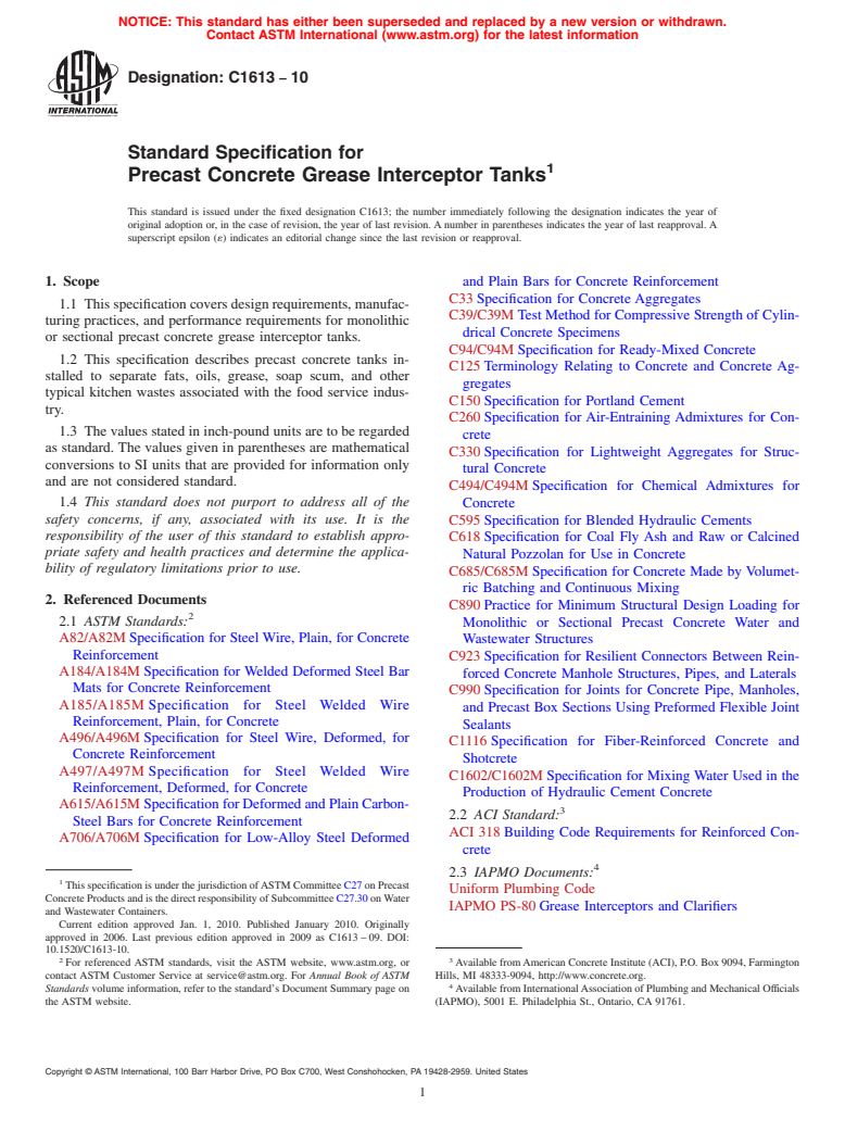 ASTM C1613-10 - Standard Specification for Precast Concrete Grease Interceptor Tanks