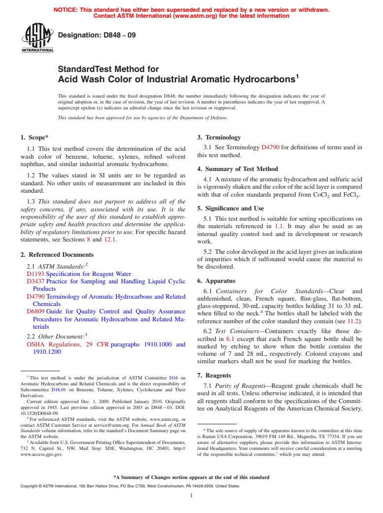 ASTM D848-09 - Standard Test Method for Acid Wash Color of Industrial Aromatic Hydrocarbons