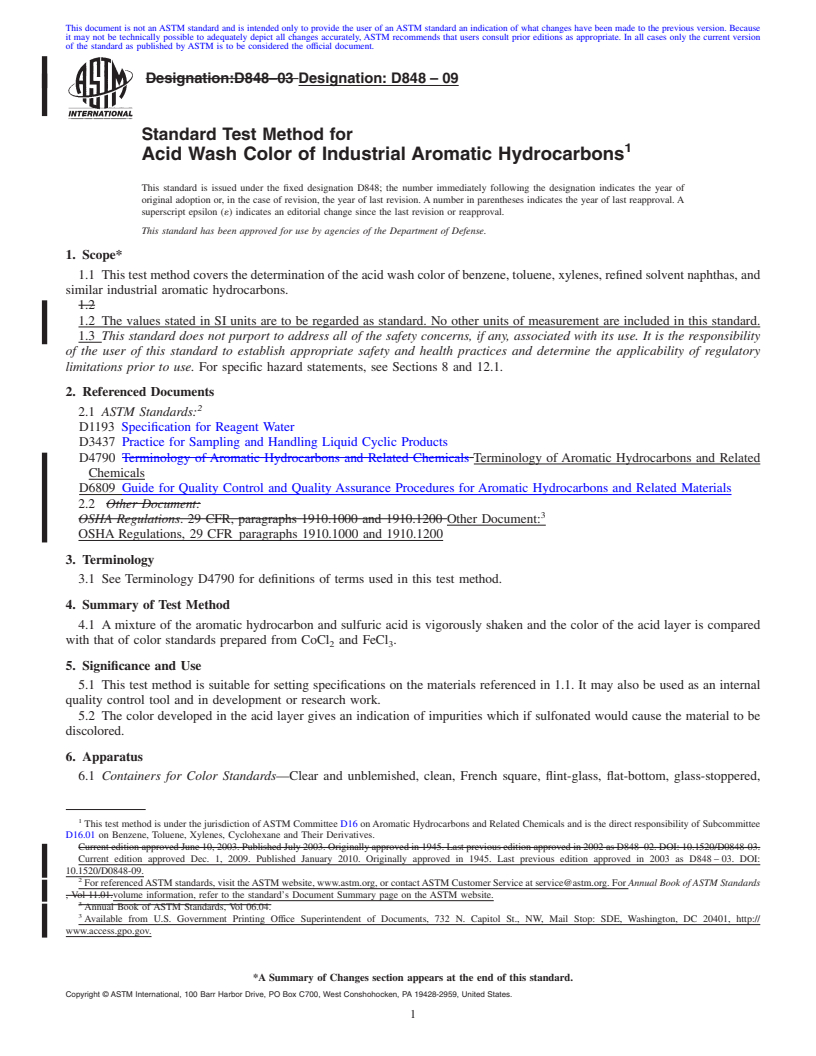 REDLINE ASTM D848-09 - Standard Test Method for Acid Wash Color of Industrial Aromatic Hydrocarbons