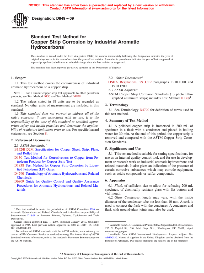 ASTM D849-09 - Standard Test Method for Copper Strip Corrosion by Industrial Aromatic Hydrocarbons
