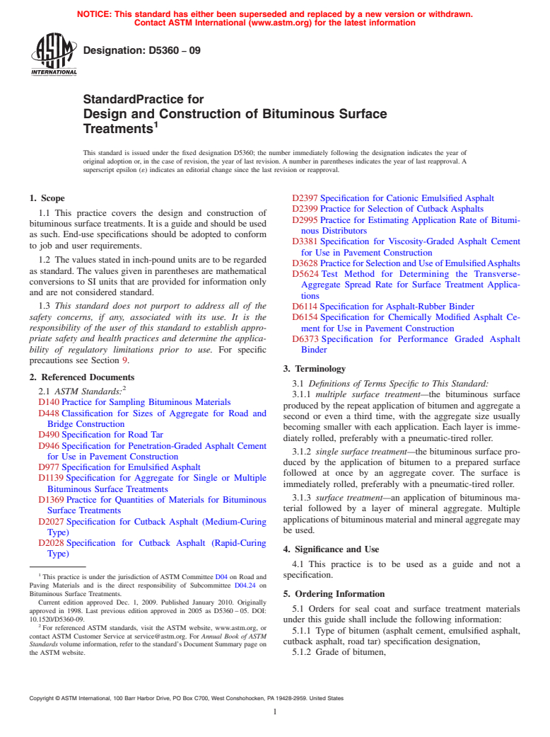 ASTM D5360-09 - Standard Practice for Design and Construction of Bituminous Surface Treatments