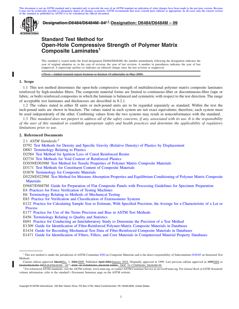 REDLINE ASTM D6484/D6484M-09 - Standard Test Method for Open-Hole Compressive Strength of Polymer Matrix Composite Laminates