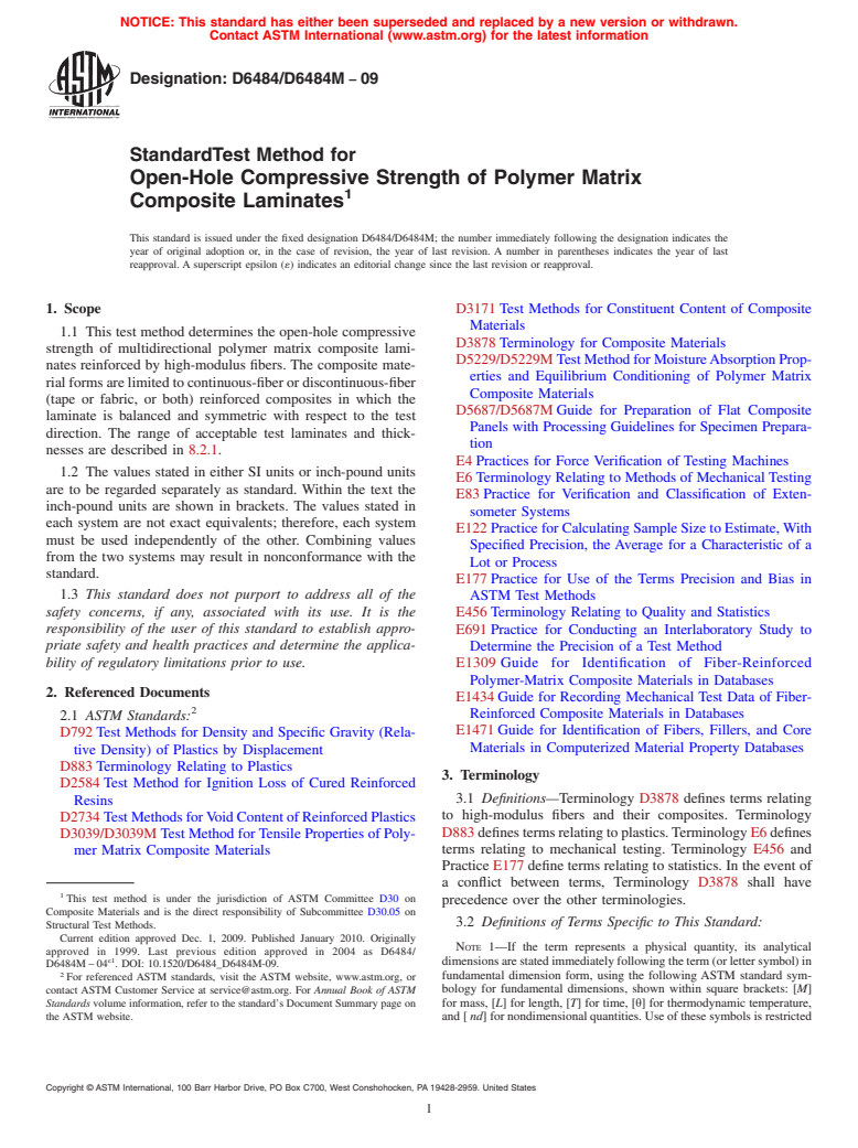 ASTM D6484/D6484M-09 - Standard Test Method for Open-Hole Compressive Strength of Polymer Matrix Composite Laminates