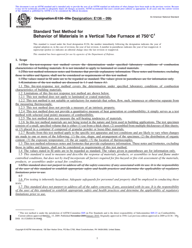 REDLINE ASTM E136-09b - Standard Test Method for Behavior of Materials in a Vertical Tube Furnace at 750&#176;C