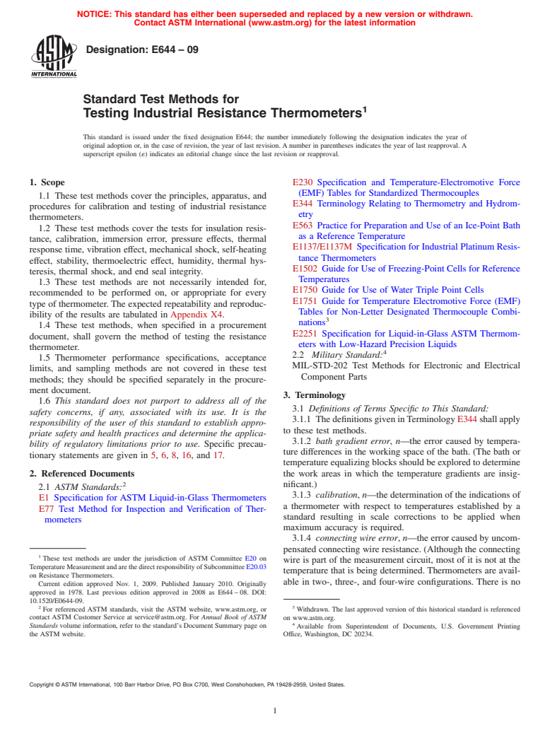 ASTM E644-09 - Standard Test Methods for Testing Industrial Resistance Thermometers