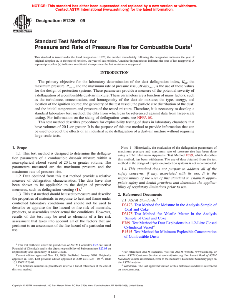 ASTM E1226-09 - Standard Test Method for Pressure and Rate of Pressure Rise for Combustible Dusts