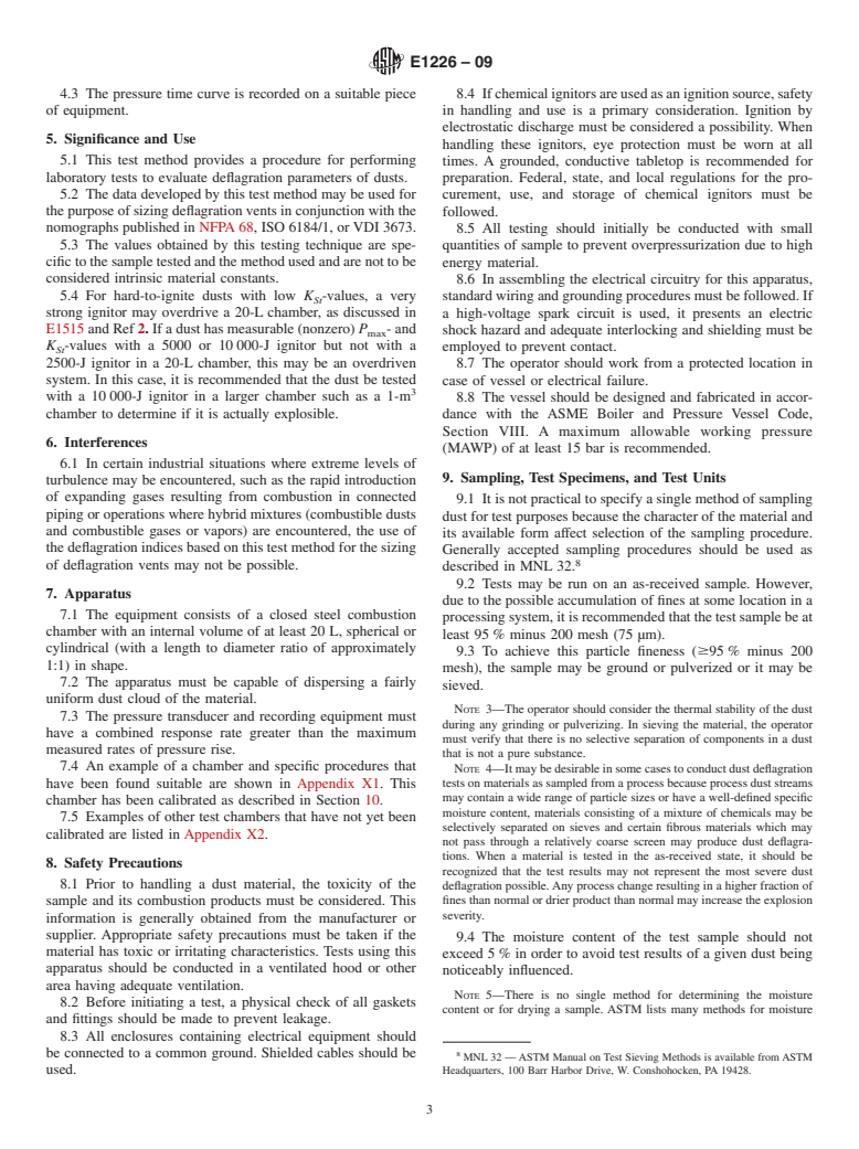 ASTM E1226-09 - Standard Test Method for Pressure and Rate of Pressure Rise for Combustible Dusts