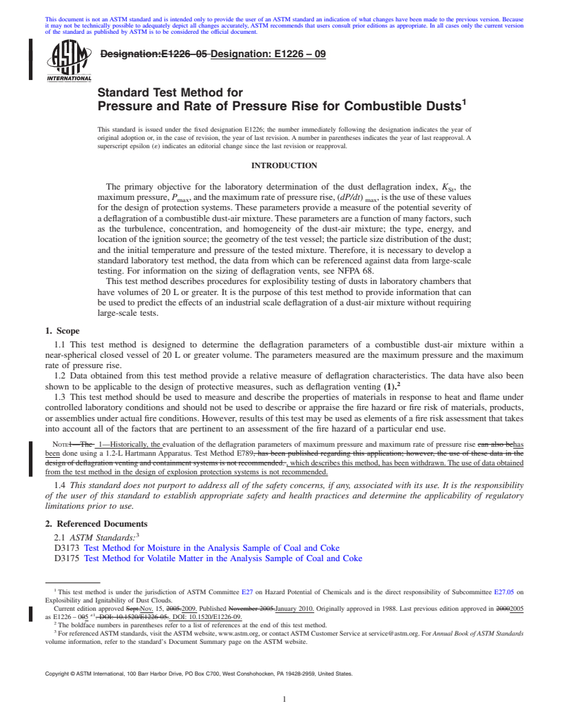 REDLINE ASTM E1226-09 - Standard Test Method for Pressure and Rate of Pressure Rise for Combustible Dusts