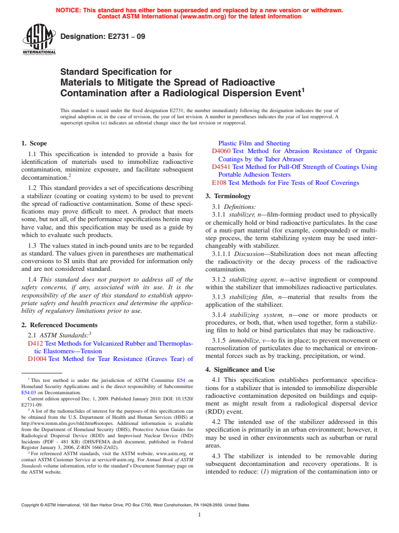 ASTM E2731-09 - Standard Specification for Materials to Mitigate the Spread of Radioactive Contamination after a Radiological Dispersion Event (Withdrawn 2018)