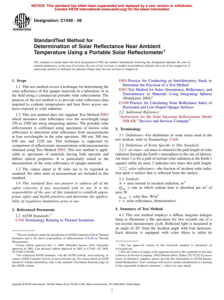 ASTM C1549-09 - Standard Test Method for Determination of Solar Reflectance Near Ambient Temperature Using a Portable Solar Reflectometer