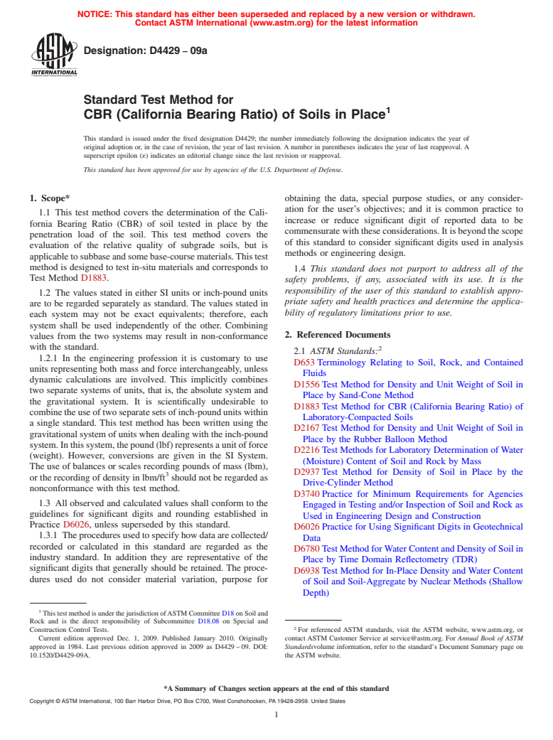 ASTM D4429-09a - Standard Test Method for CBR (California Bearing Ratio) of Soils in Place (Withdrawn 2018)