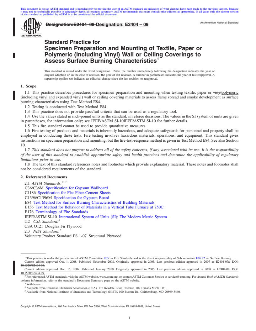 REDLINE ASTM E2404-09 - Standard Practice for Specimen Preparation and Mounting of Textile, Paper or Vinyl Wall or Ceiling Coverings to Assess Surface Burning Characteristics