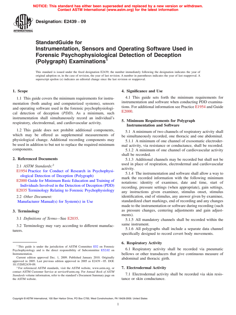 ASTM E2439-09 - Standard Guide for Instrumentation, Sensors and Operating Software Used in Forensic Psychophysiological Detection of Deception (Polygraph) Examinations