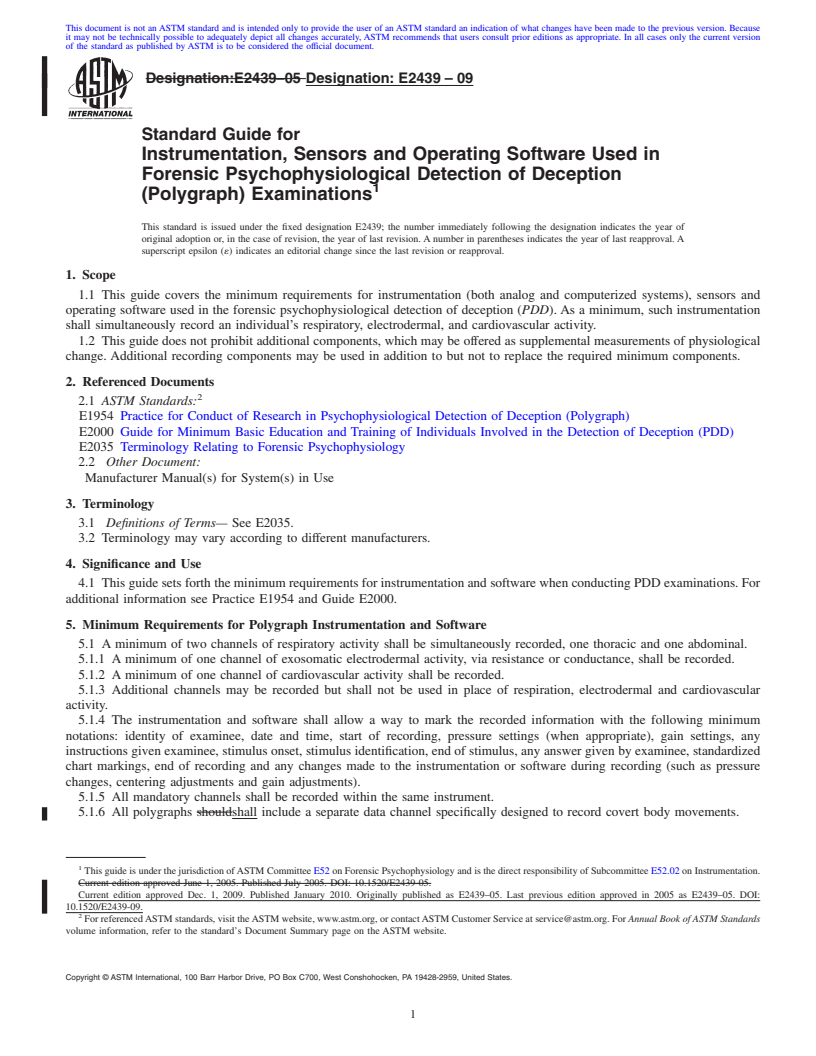 REDLINE ASTM E2439-09 - Standard Guide for Instrumentation, Sensors and Operating Software Used in Forensic Psychophysiological Detection of Deception (Polygraph) Examinations