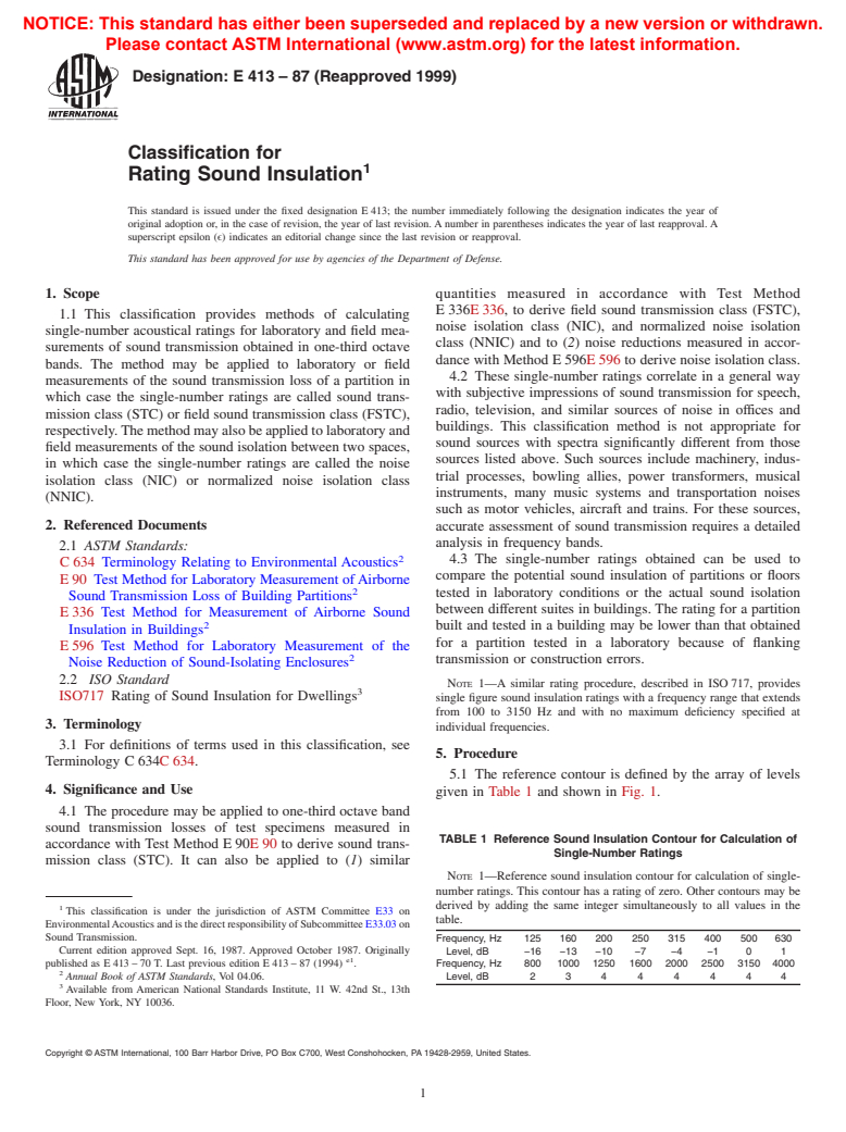 ASTM E413-87(1999) - Classification for Rating Sound Insulation