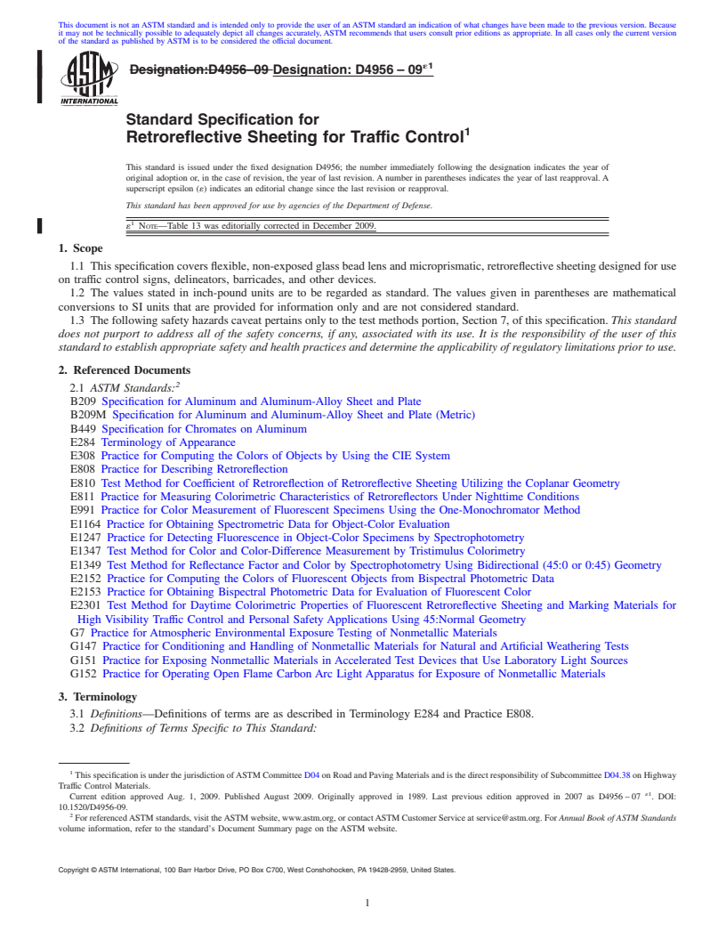 REDLINE ASTM D4956-09e1 - Standard Specification for Retroreflective Sheeting for Traffic Control