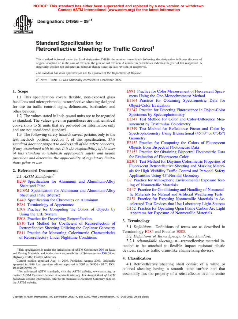 ASTM D4956-09e1 - Standard Specification for Retroreflective Sheeting for Traffic Control