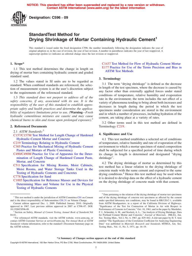 ASTM C596-09 - Standard Test Method for Drying Shrinkage of Mortar Containing Hydraulic Cement