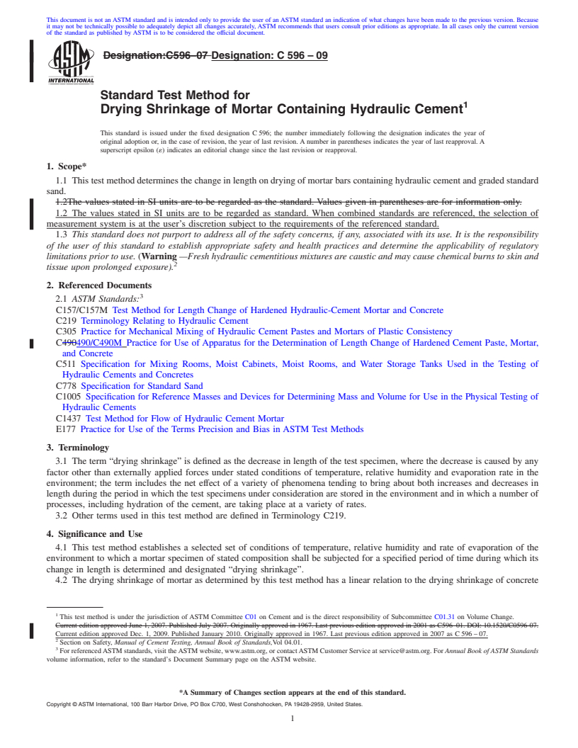 REDLINE ASTM C596-09 - Standard Test Method for Drying Shrinkage of Mortar Containing Hydraulic Cement