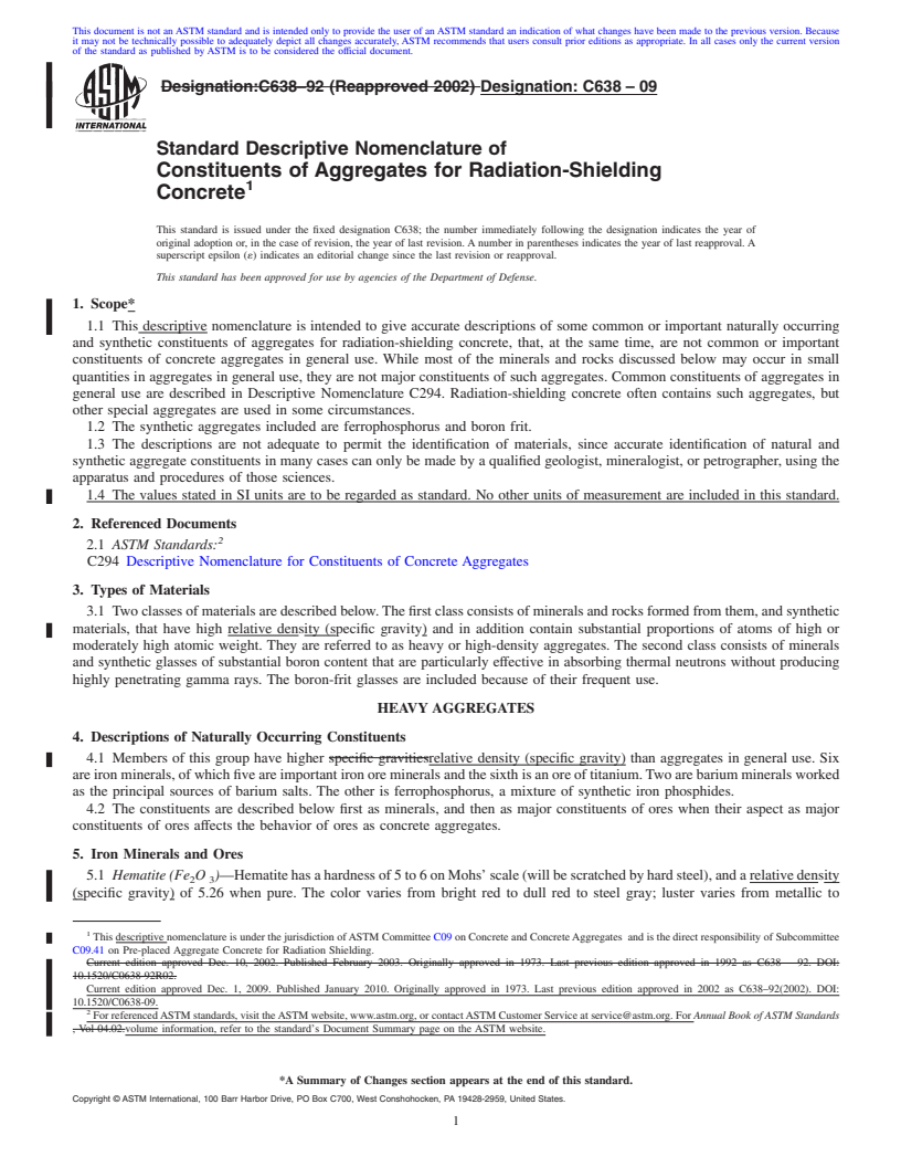 REDLINE ASTM C638-09 - Standard Descriptive Nonmenclature of Constituents of Aggregates for Radiation-Shielding Concrete