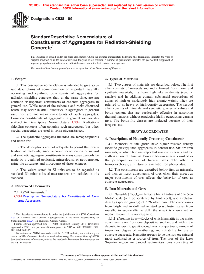 ASTM C638-09 - Standard Descriptive Nonmenclature of Constituents of Aggregates for Radiation-Shielding Concrete