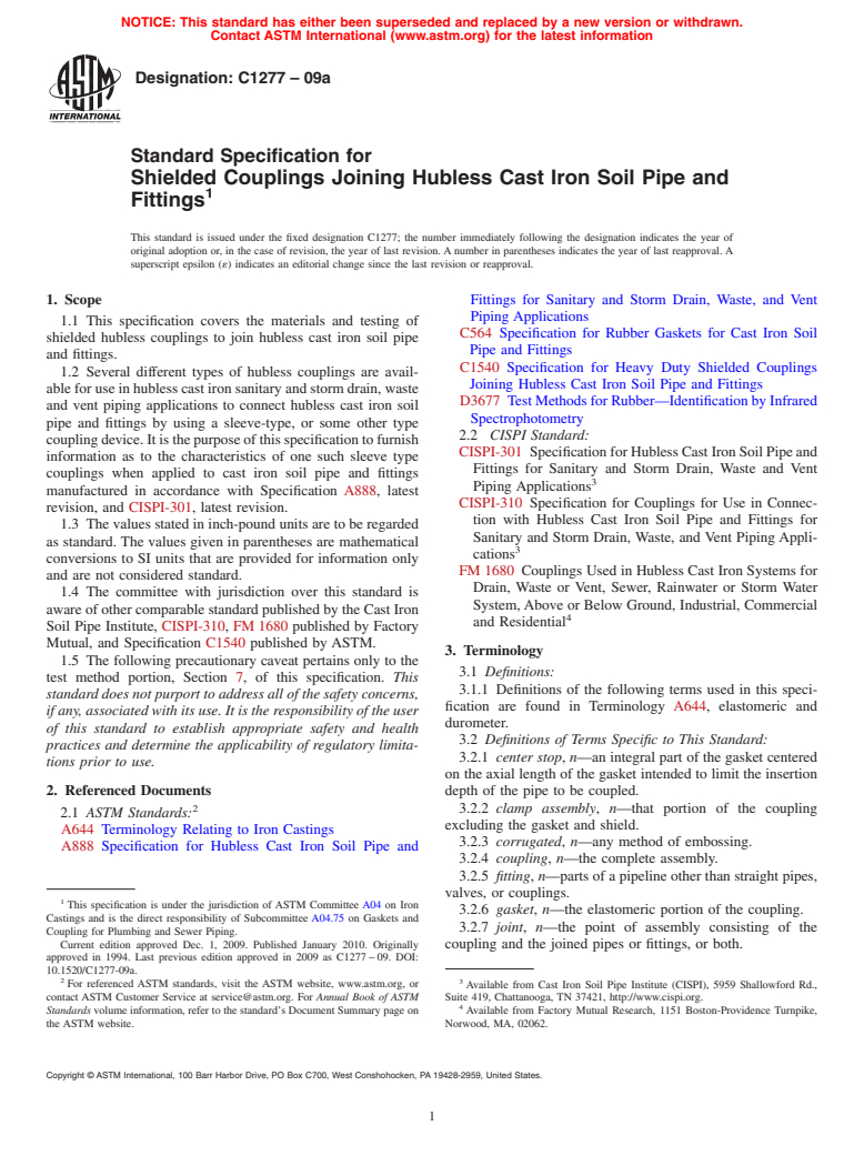 ASTM C1277-09a - Standard Specification for Shielded Couplings Joining Hubless Cast Iron Soil Pipe and Fittings