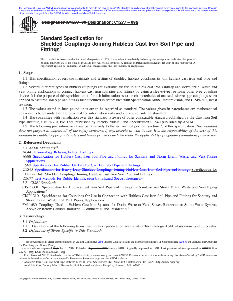 REDLINE ASTM C1277-09a - Standard Specification for Shielded Couplings Joining Hubless Cast Iron Soil Pipe and Fittings
