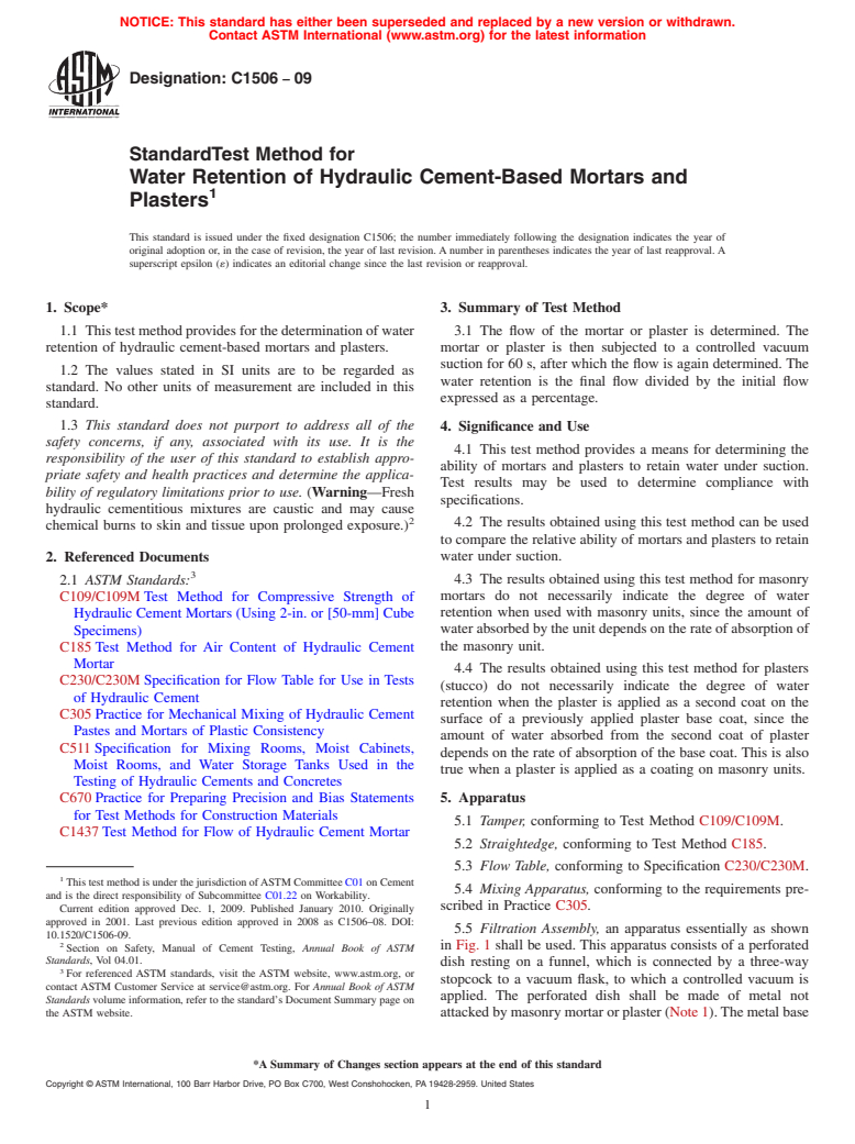 ASTM C1506-09 - Standard Test Method for Water Retention of Hydraulic Cement-Based Mortars and Plasters