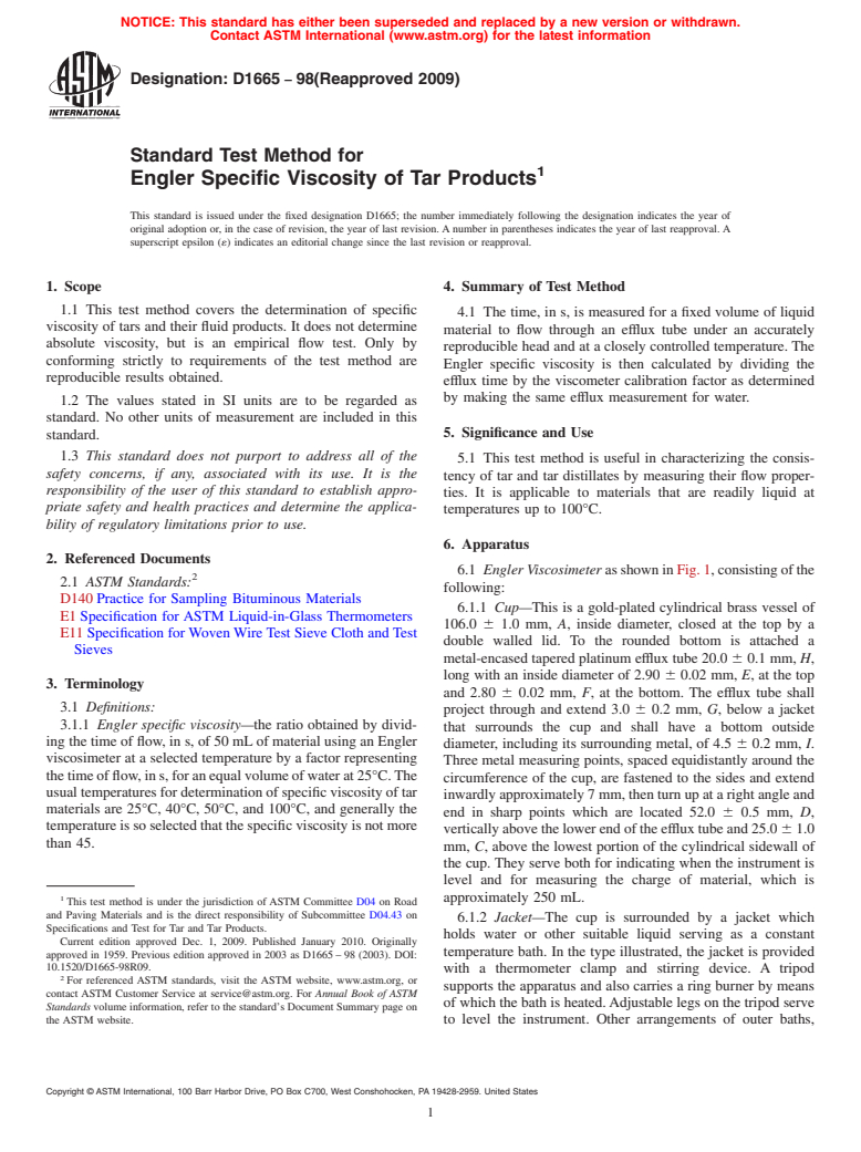 ASTM D1665-98(2009) - Standard Test Method for Engler Specific Viscosity of Tar Products