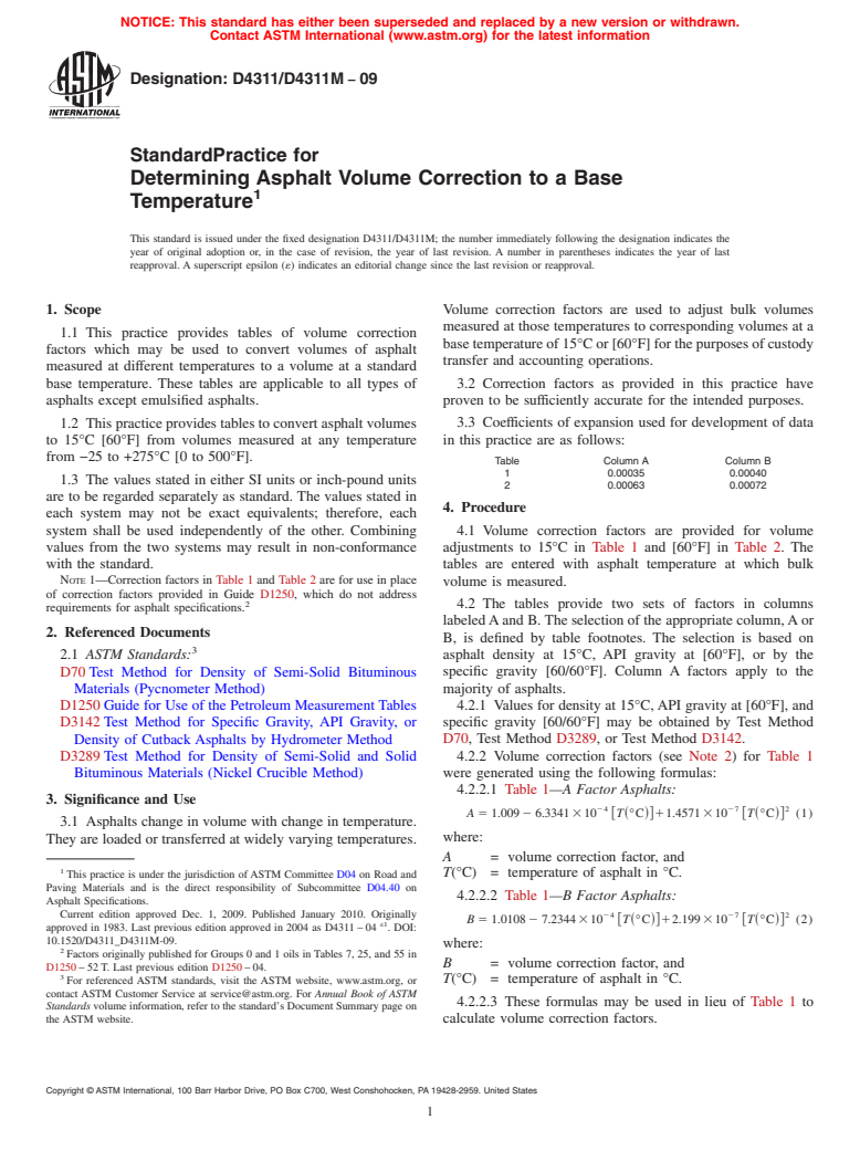 ASTM D4311/D4311M-09 - Standard Practice for Determining Asphalt Volume Correction to a Base Temperature