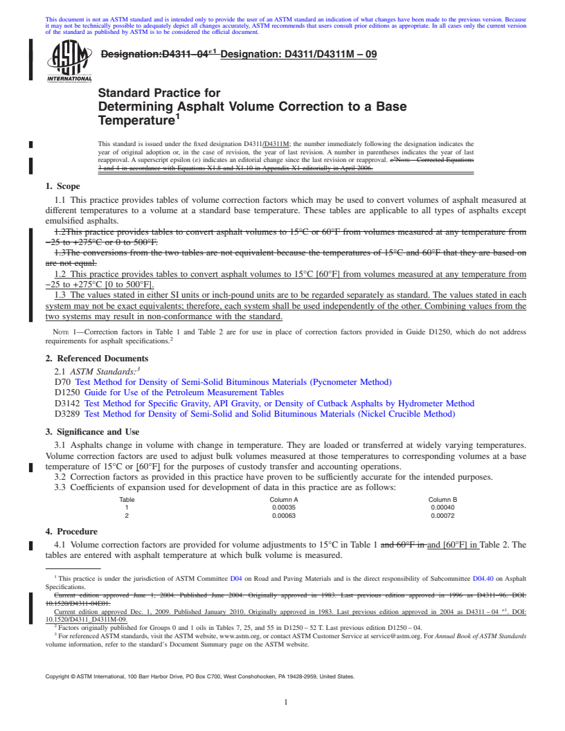 REDLINE ASTM D4311/D4311M-09 - Standard Practice for Determining Asphalt Volume Correction to a Base Temperature