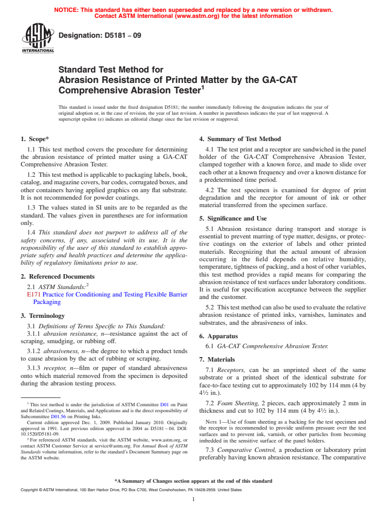 ASTM D5181-09 - Standard Test Method for Abrasion Resistance of Printed Matter by the GA-CAT Comprehensive Abrasion Tester