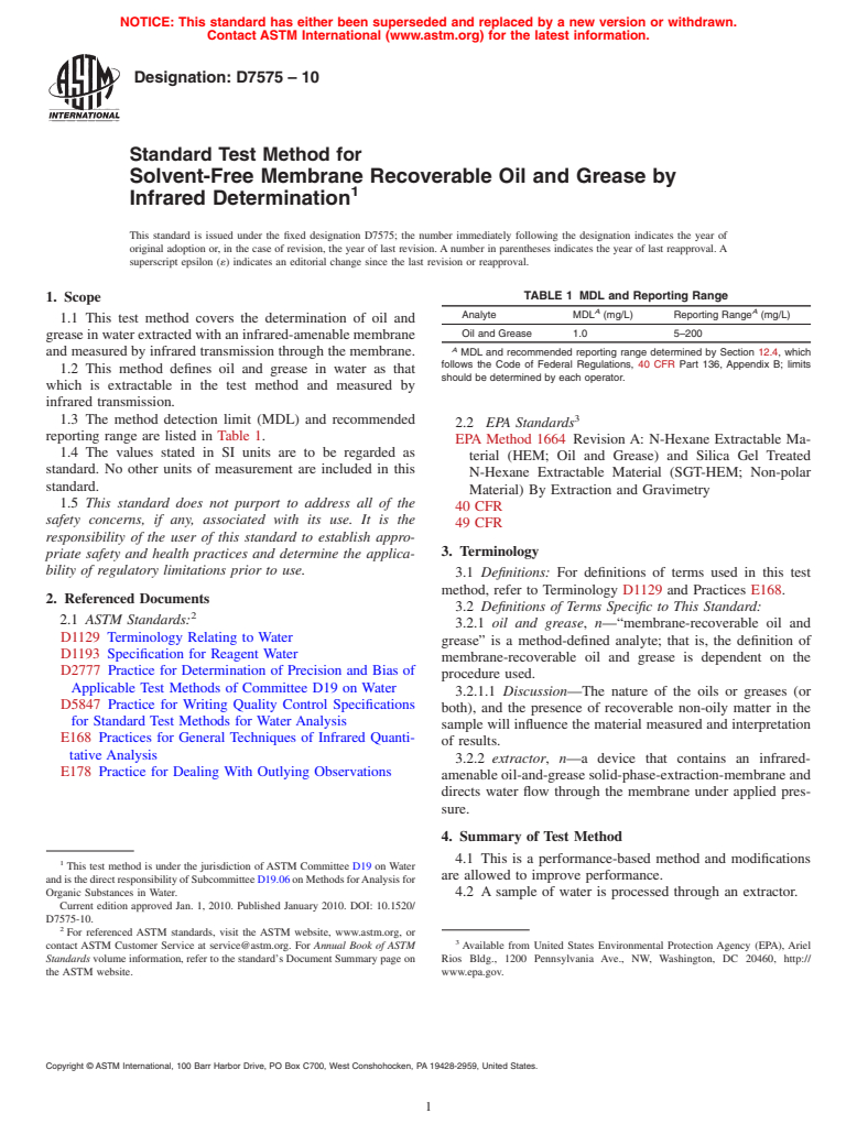 ASTM D7575-10 - Standard Test Method for Solvent-Free Membrane Recoverable Oil and Grease by Infrared Determination