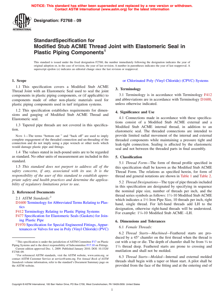 ASTM F2768-09 - Standard Specification for Modified Stub ACME Thread Joint with Elastomeric Seal in Plastic Piping Components (Withdrawn 2016)