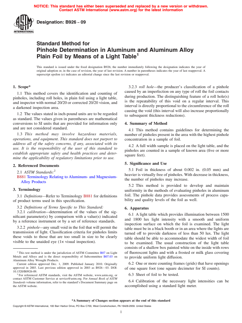 ASTM B926-09 - Standard Method for Pinhole Determination in Aluminum and Aluminum Alloy Plain Foil by Means of a Light Table