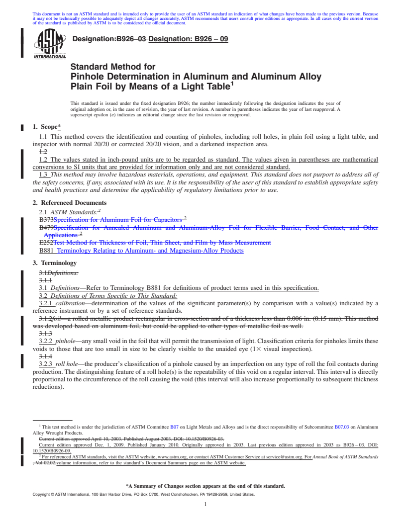 REDLINE ASTM B926-09 - Standard Method for Pinhole Determination in Aluminum and Aluminum Alloy Plain Foil by Means of a Light Table