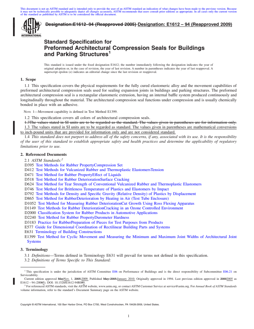 REDLINE ASTM E1612-94(2009) - Standard Specification for Preformed Architectural Compression Seals for Buildings and Parking Structures