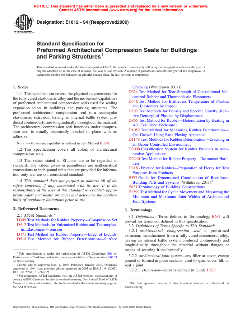 ASTM E1612-94(2009) - Standard Specification for Preformed Architectural Compression Seals for Buildings and Parking Structures