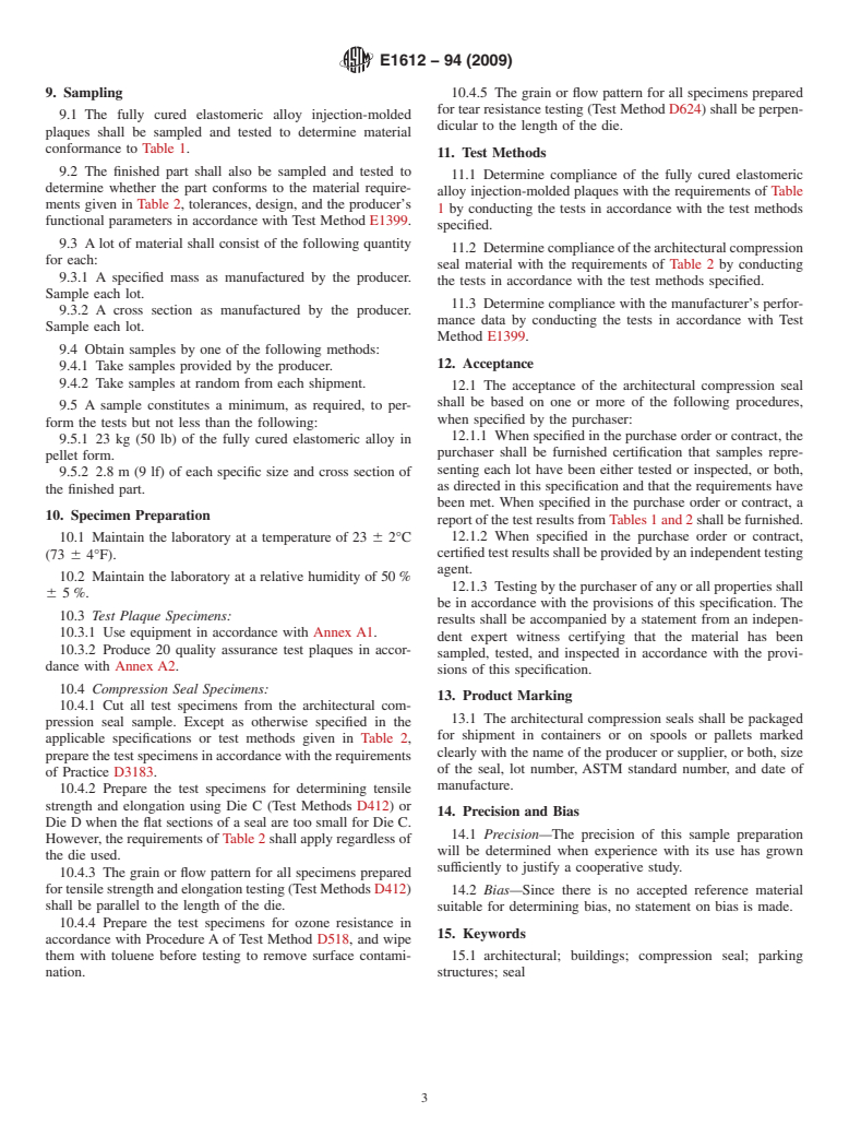 ASTM E1612-94(2009) - Standard Specification for Preformed Architectural Compression Seals for Buildings and Parking Structures