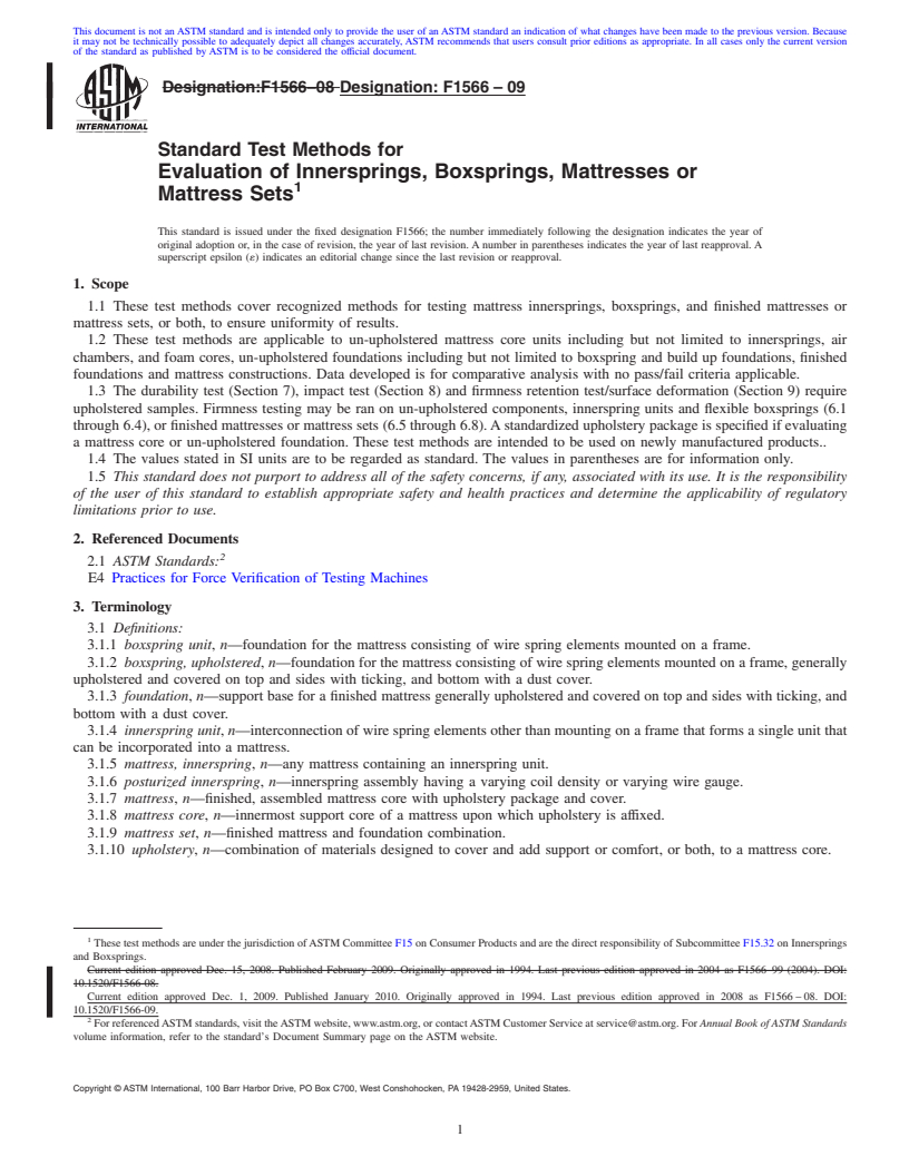 REDLINE ASTM F1566-09 - Standard Test Methods for Evaluation of Innersprings, Boxsprings, Mattresses or Mattress Sets