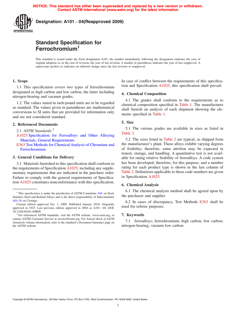 ASTM A101-04(2009) - Standard Specification for Ferrochromium