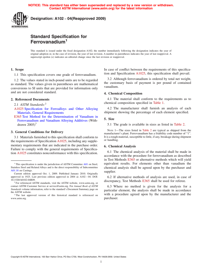 ASTM A102-04(2009) - Standard Specification for Ferrovanadium