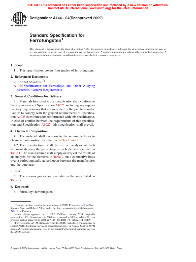 ASTM A144-04(2009) - Specification for Ferrotungsten