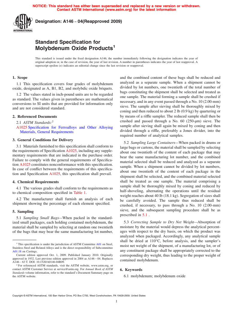 ASTM A146-04(2009) - Standard Specification for Molybdenum Oxide Products