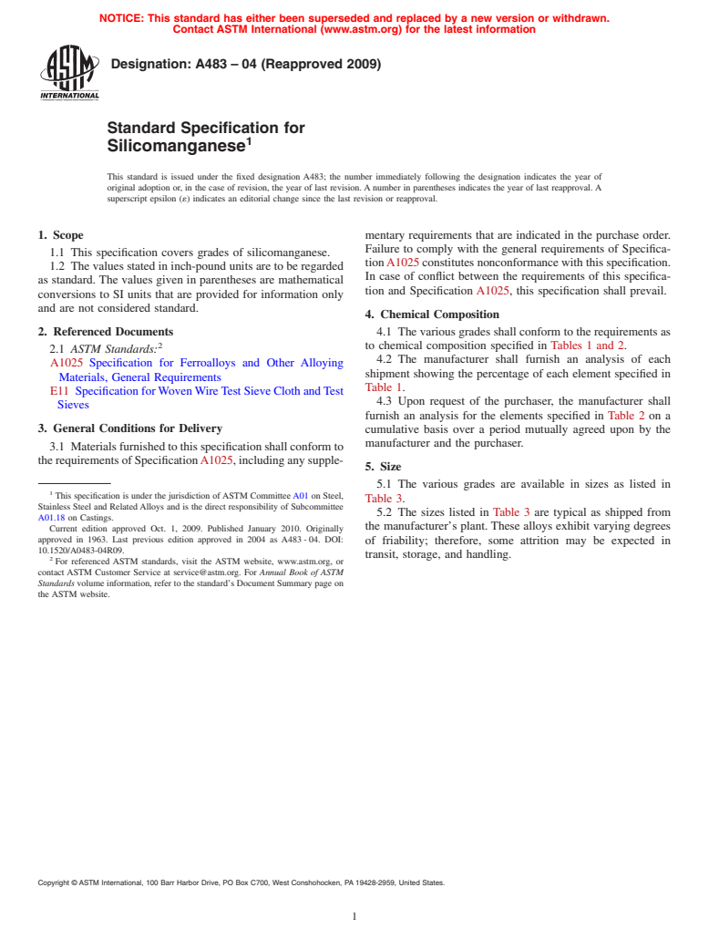 ASTM A483-04(2009) - Standard Specification for Silicomanganese