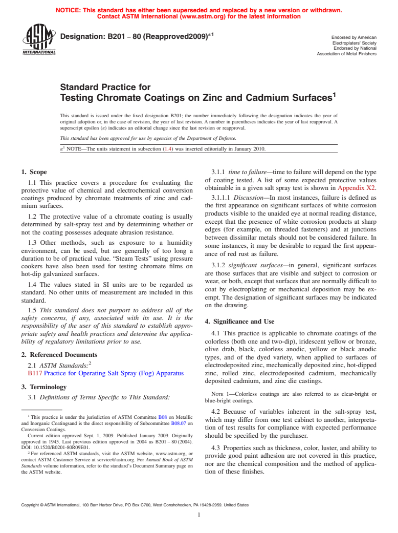 ASTM B201-80(2009)e1 - Standard Practice for Testing Chromate Coatings on Zinc and Cadmium Surfaces