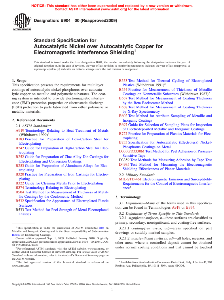 ASTM B904-00(2009) - Standard Specification for Autocatalytic Nickel over Autocatalytic Copper for Electromagnetic Interference Shielding